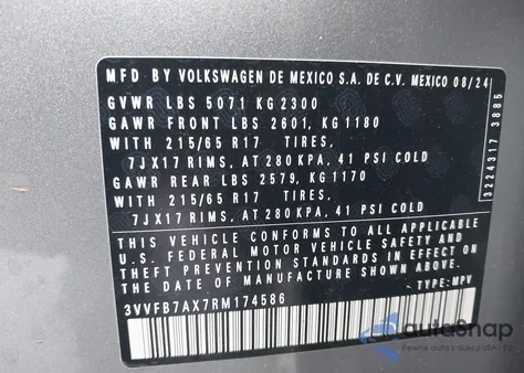 2024 Volkswagen Tiguan 2.0T S from USA, damaged, VIN 3VVFB7AX7RM174586